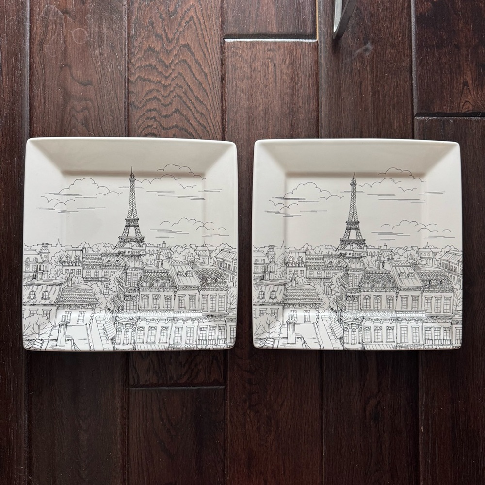 Set of 2 Paris Eiffel Tower City Scenes 222 Fifth Dinner Plates 10.25" Square